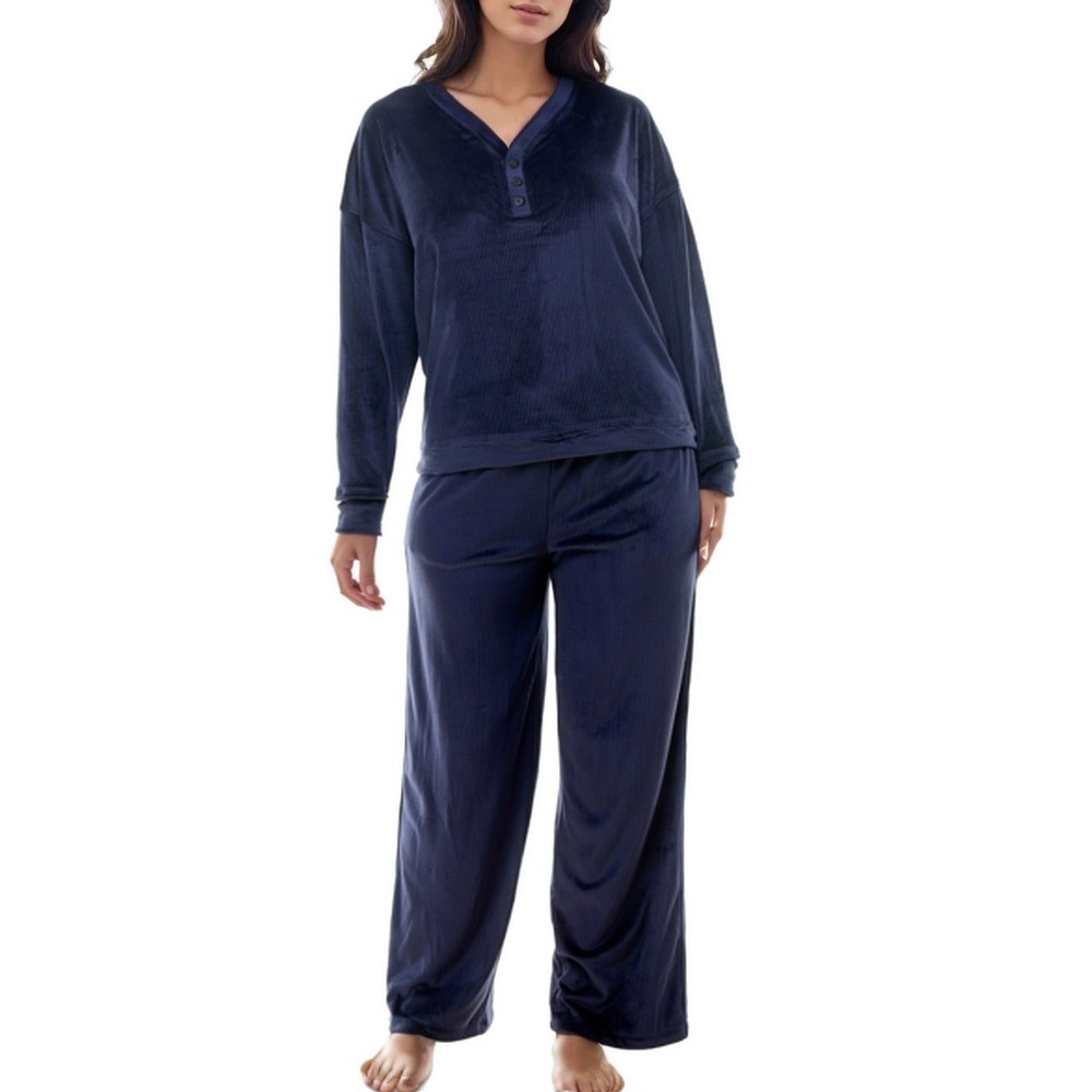 Roudelain Womens Velour 2 Pc Pajama Set Navy Large Henley Cozy Sleepwear PJs NWT